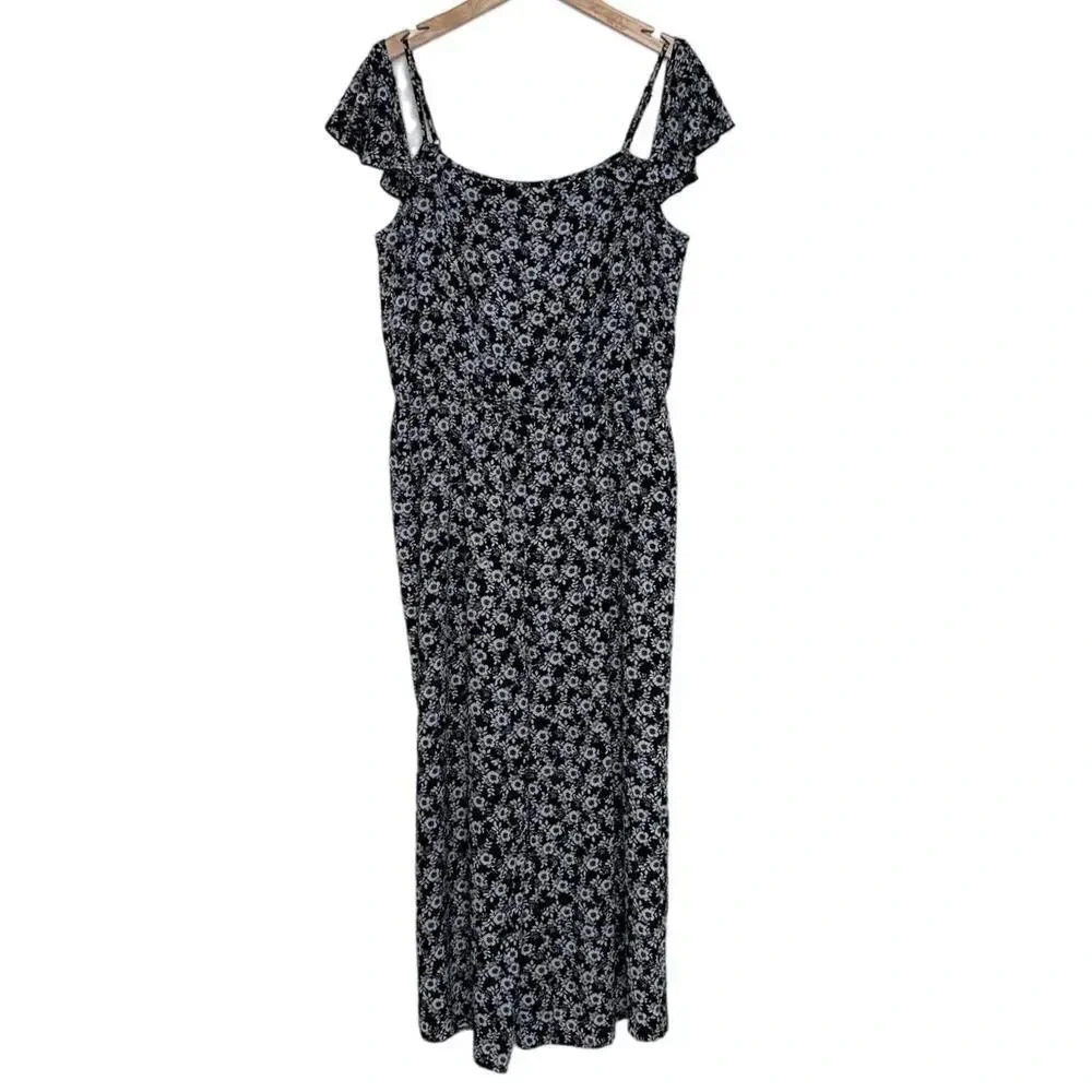 Libby Edelman Jumpsuit Medium Black Floral Cold Shoulder Ruffle Wide Leg Cropped